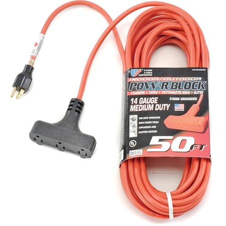 U.S. Wire & Cable SJTW Extension Cord, 14 AWG, Indoor/Outdoor, 14/3, 3 Outlets, 5-15R, Orange, Vinyl, 5-15P, 50 ft 62050